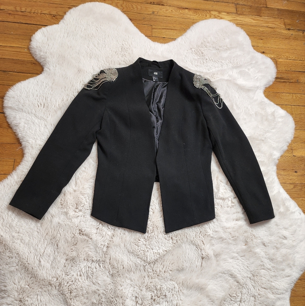 Rare H&M Black Beading Fringe Tassel Shoulder Badges Suit Jacket Co ord Set.
